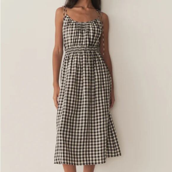 Doen Dresses & Skirts - NWT Doen Leslie Linen Tie Strap A Line Midi Dress Marilyn Gingham Black White